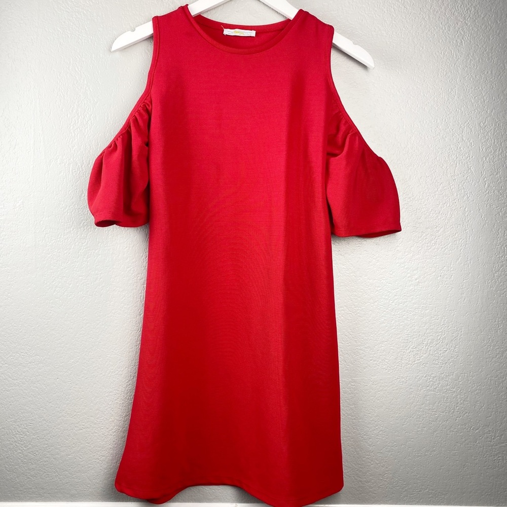 Zara Ruffle Cold Shoulder Dress- Red - Picture 5 of 7